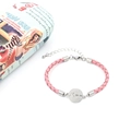 Detail of pink woven leather bracelet with Mom heart pendant and silver lobster clasp - Pink