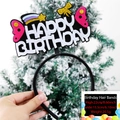 Birthday headband with Happy Birthday text, pink butterfly, and golden glitter stars - Birthday Girl Flower Headband / White Letters Bow Style