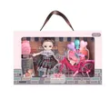 Fashion doll set with pink bicycle and brown-haired doll in plaid dress, 33x20x7cm box - 33cm Portable Box Bicycle Doll