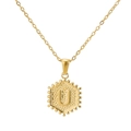 18K gold-plated hexagonal pendant necklace featuring a relief letter U with beaded edges - Gold U (With Chain)