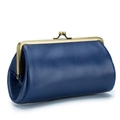 Vintage blue leather clutch bag with antique bronze metal frame and bead clasp closure - Sapphire Blue