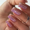 Pink and purple glitter French tip press-on nails with a stylish square oval shape - BZ1443 Pink Glitter Half / Jelly Glue + Nail File