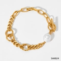 Gold chain bracelet with large white faux pearl and OT buckle in a sleek polished finish - Chunky Chain Splice Single Pearl T-Bar Bracelet (SAK824)