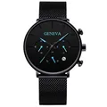 Men's black quartz watch with mesh strap, blue hands, and calendar date display - Black Mesh Strap / Blue Hands (Printed)