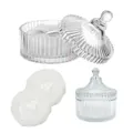 Plush white powder puff set with bow and relief glass storage jar with round lid - Glass Jar Set / 2 x White