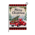 Christmas garden flag with red truck and Buffalo Plaid borders on a black metal stand - Red Pickup Truck