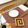 Red and green woven holiday placemat with square wooden coaster on white table - 45*30cm / Red & Green Woven