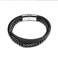 Pulsera de cuero multicapa para hombre con cadenas de perlas y cierre magnético de acero - Color gunmetal