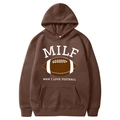 Brown American football hoodie with MILF Man I Love Football graphic and kangaroo pocket - S / Tops / Brown