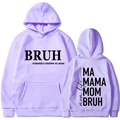 Vue avant et arrière du sweat à capuche violet clair MAMA MOM BRUH avec poche kangourou - S / Haut (312) / Lavande
