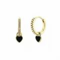 Close-up of S925 silver gold hoop earrings with black heart pendant and sparkling zircons - Heart Pendant Style (JQH0021-GG-5) / Gold-Black Heart