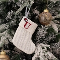 White knitted Christmas stocking with red embroidered letter U on a festive snowy tree - Embroidered Knitted Small Sock White U
