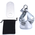 Silver skull bell pendant with woman torso design and black velvet jewelry pouch - Female Torso Bell With Hook Pouch And Tag / Steel