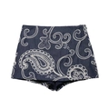 Women's dark blue denim skort featuring intricate white paisley embroidery in a flat lay view - XS / Bottoms