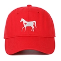 Close-up of a white horse and red heart embroidery on a red cotton baseball cap - Adjustable / Red