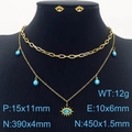 Golden titanium steel jewelry set with blue evil eye pendant necklace and stud earrings - Simple Blue Evil Eye Style (KS203538-MW)