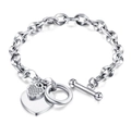 Silver chain bracelet with toggle clasp and dual heart pendants featuring crystal paving - Double Heart Toggle Clasp Style / Silver Heart Bracelet