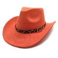 Detailed close-up of orange faux suede cowboy hat with leopard print belt and golden buckle - Orange / M (56-58cm)
