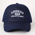 Detail of navy blue cotton baseball cap with white vintage America Athletic Dept embroidery - One Size(Adjustable) / Navy Blue