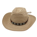 Detail of striped straw cowboy hat featuring a brown leather band and turquoise studs - One Size(56-58cm) / Camel Beige Stripes (With Windproof Rope)