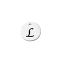 Macro shot of silver stainless steel round pendant featuring a black laser engraved letter L - Letter L