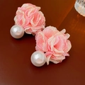 Pink fabric flower earrings with white pearls on a dark textured background - Pink Flower Pearl (21#)