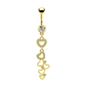 Close-up of golden belly ring featuring sparkling heart pendant and hollow heart chains - Hollow Linked Hearts Dangle Style (BR3122308) / Gold