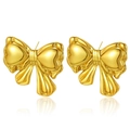 Golden bow-shaped earrings with heart details and polished mirror finish in a minimalist style - Heart Detail Bow