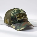Camouflage mesh baseball cap with American flag patch shown from a 45-degree side view - M / Forest Camo / Green Flag
