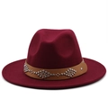 Close-up of brown leather band with silver studs on burgundy wool fedora hat - Burgundy