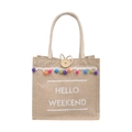 Borsa tote in lino beige con pompon colorati e stampa HELLO WEEKEND da donna - Lettera Bianca
