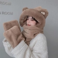 Set invernale 3-in-1 in peluche con cappello a orecchie di orso sciarpa e guanti - Versione Ispessita / Cachi