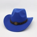 Detail of royal blue wool felt cowboy hat featuring a brown braided band and bronze star buckle - One Size / Sapphire Blue