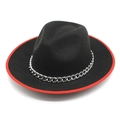 Fashionable black wool fedora with red trim and silver chain detail for autumn style - M(56-58cm) / Black