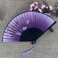 Japanese style purple folding fan with cherry blossoms, butterflies and silk tassel - No.52 Purple Gradient Cherry Butterfly
