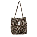 Floral corduroy tote bag in dark navy with pink flower print and white logo patch - Black Tiny Floral