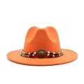 Detail of orange wool fedora with bohemian beaded band and vintage metal buckle - Orange