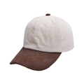 Close-up detailed view of a stylish two-tone corduroy baseball cap in beige and brown. - Off-White and Coffee Patchwork