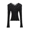 Top ajustado de encaje negro con manga larga y patrón floral con textura para mujer - XS / Negro