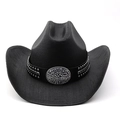 Close-up of black straw cowboy hat with silver rivets and large rhinestone buckle detail - M (56-58cm) / All Black