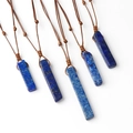 Lapis lazuli stone rectangular pendant necklace with adjustable brown braided cord - Lapis Lazuli