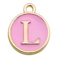 Pink and gold enamel round pendant featuring uppercase letter L for DIY jewelry - Letter L / 1 Piece (12x14mm) / Pink