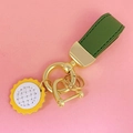 Cute green leather keychain with golden metal ring and sunflower floral charm - Green Leather [Sunflower]