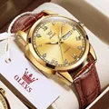 OLEVS gold quartz watch with brown leather strap and dual calendar in a gift box - Gold Dial Brown Leather Men