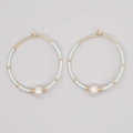 Bohemian mint green seed bead hoop earrings with white pearls in gold finish - Mint Green Pearl (MI-E220218C)