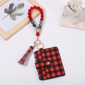 Detail of red buffalo plaid wallet and beaded keychain with silicone and wood beads - Red/Black Plaid