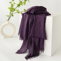 Deep purple cotton linen scarf with fringe edges draped over a white minimalist cube - Grape Purple