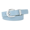 Light blue PU leather belt for women featuring silver D-ring buckle and white contrast stitching - Sky Blue