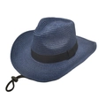 Dark blue woven cowboy sun hat with wide brim, black ribbon and adjustable chin strap - M (56-58cm) / Navy Blue