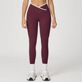 Leggings de yoga bordeaux à taille haute avec ceinture croisée en V et liseré blanc - S / Rouge Pourpre Foncé